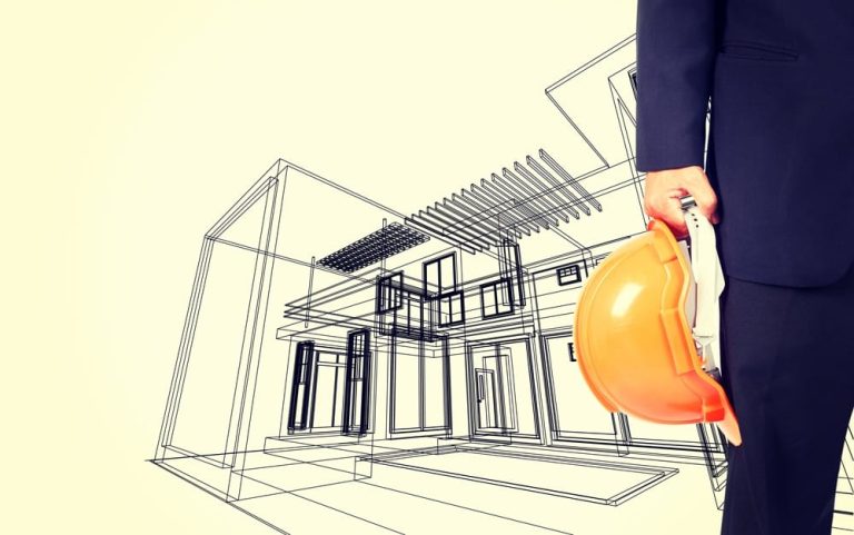 Architect on blueprint of 3D sketch drawing.